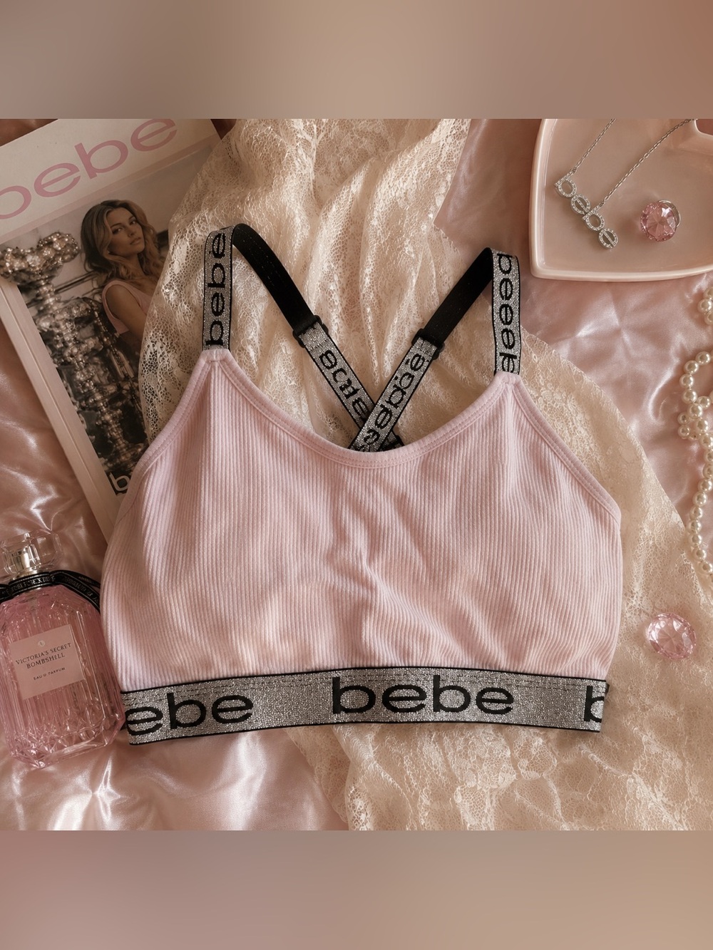 Bebe Intimates Ribbed Bralette Pink Silver Logo Strappy Wireless Bra Size XL Y2K